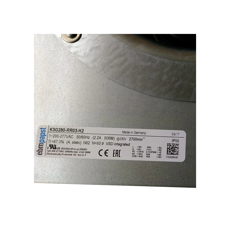 K3G280-RR03-H2 | ebm-papst 1~ 200-277V 500W EC Centrifugal Fan for Air Handling