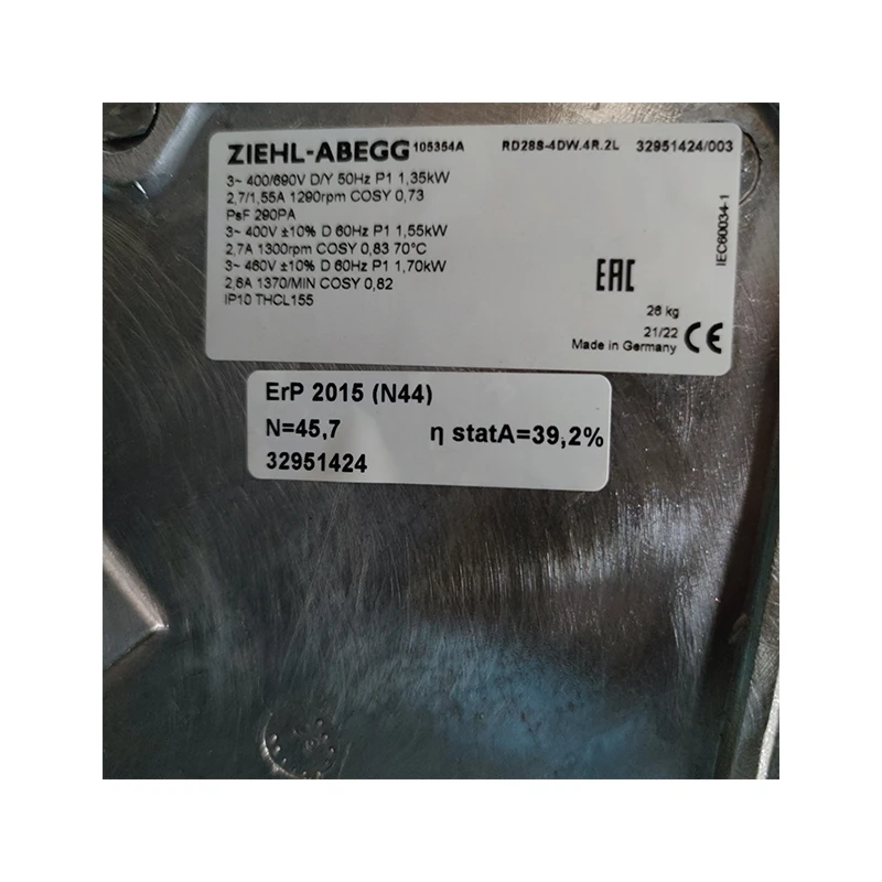RD28S-4DW.4R.2L | ZIEHL-ABEGG 400V 1550W AC Centrifugal Fan for HVAC & Equipment Cooling