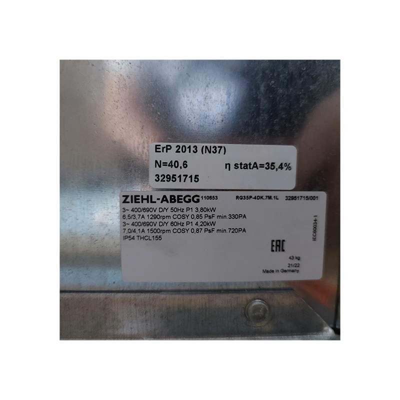 RG35P-4DK.7M.1L | ZIEHL-ABEGG 400V 4200W AC Centrifugal Fan for HVAC & Equipment Cooling